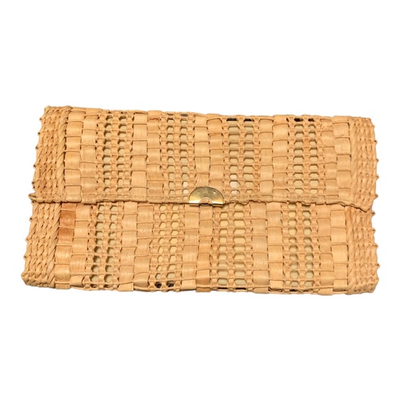 Vintage Woven Straw Clutch Bag Tan Gold Fully Lined - Picture 2 of 6